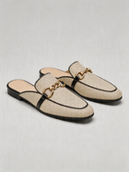 Linen chain ring mule flat round toe ecru black trim women's loafer mule