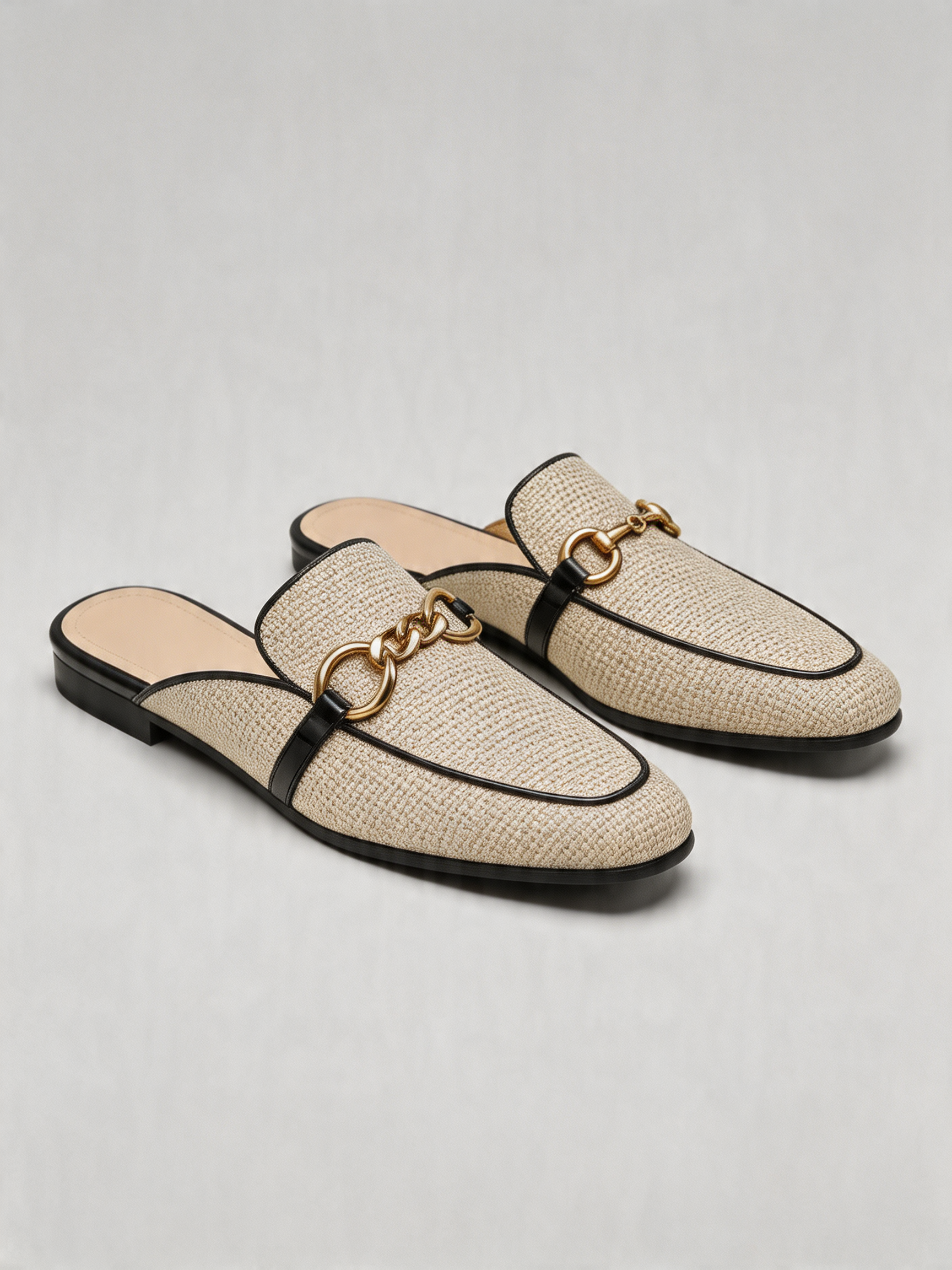 Linen chain ring mule flat round toe ecru black trim women's loafer mule