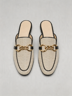 Linen chain ring mule flat round toe ecru black trim women's loafer mule