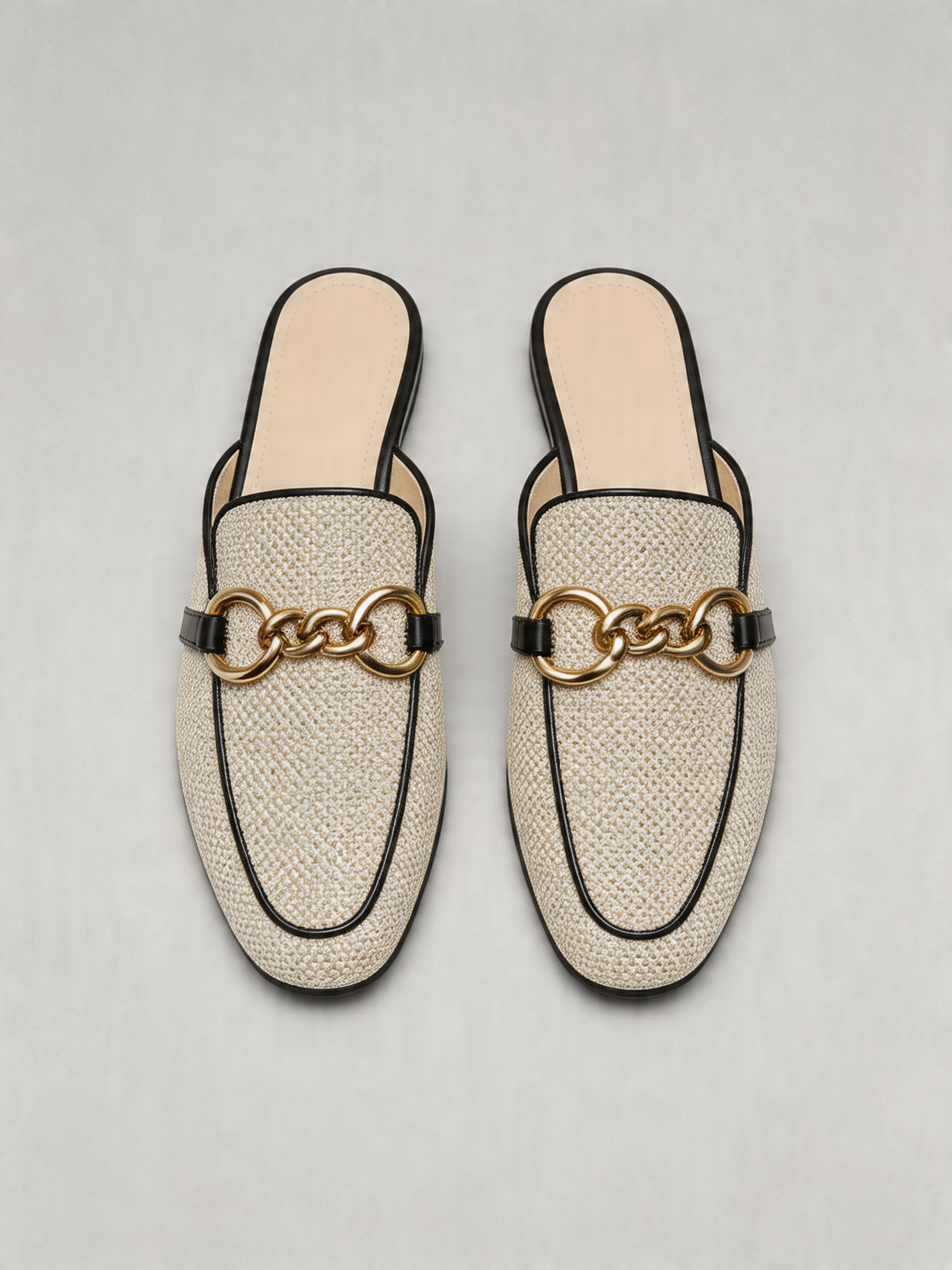 Linen chain ring mule flat round toe ecru black trim women's loafer mule