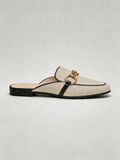 Linen chain ring mule flat round toe ecru black trim women's loafer mule