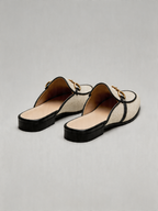 Linen chain ring mule flat round toe ecru black trim women's loafer mule
