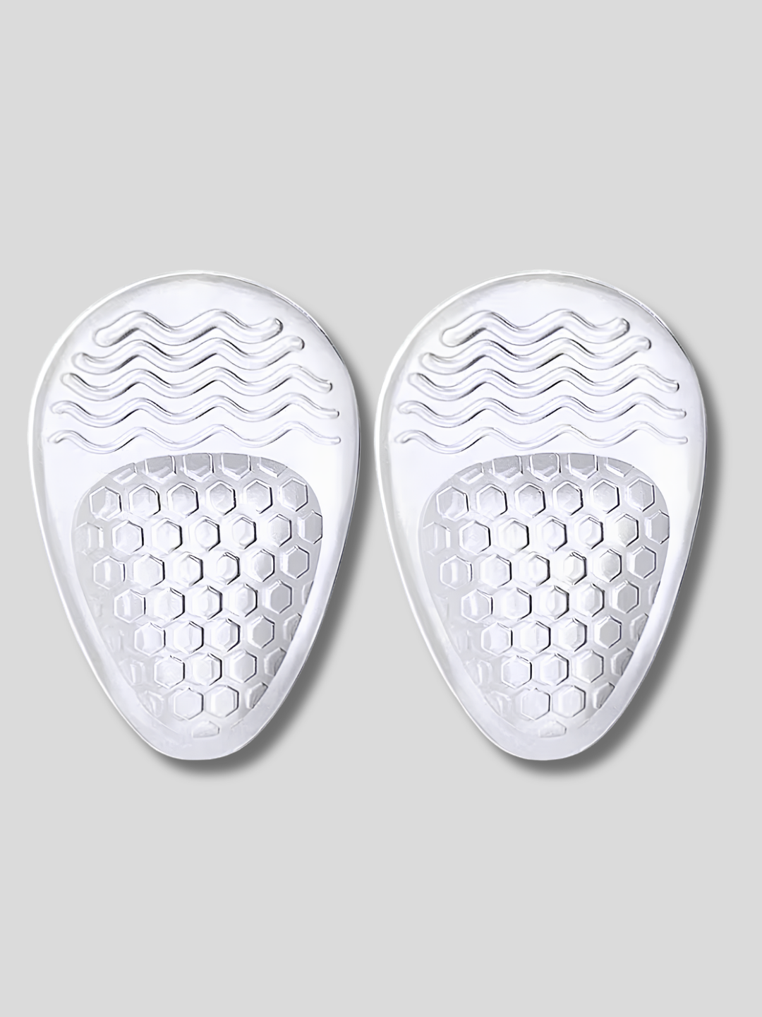 Pair of transparent forefoot gel cushions with honeycomb texture and wave pattern for ball of foot support
