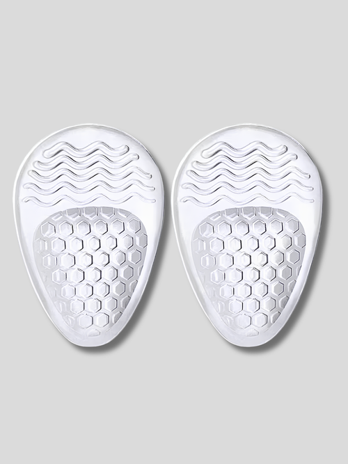 Pair of transparent forefoot gel cushions with honeycomb texture and wave pattern for ball of foot support