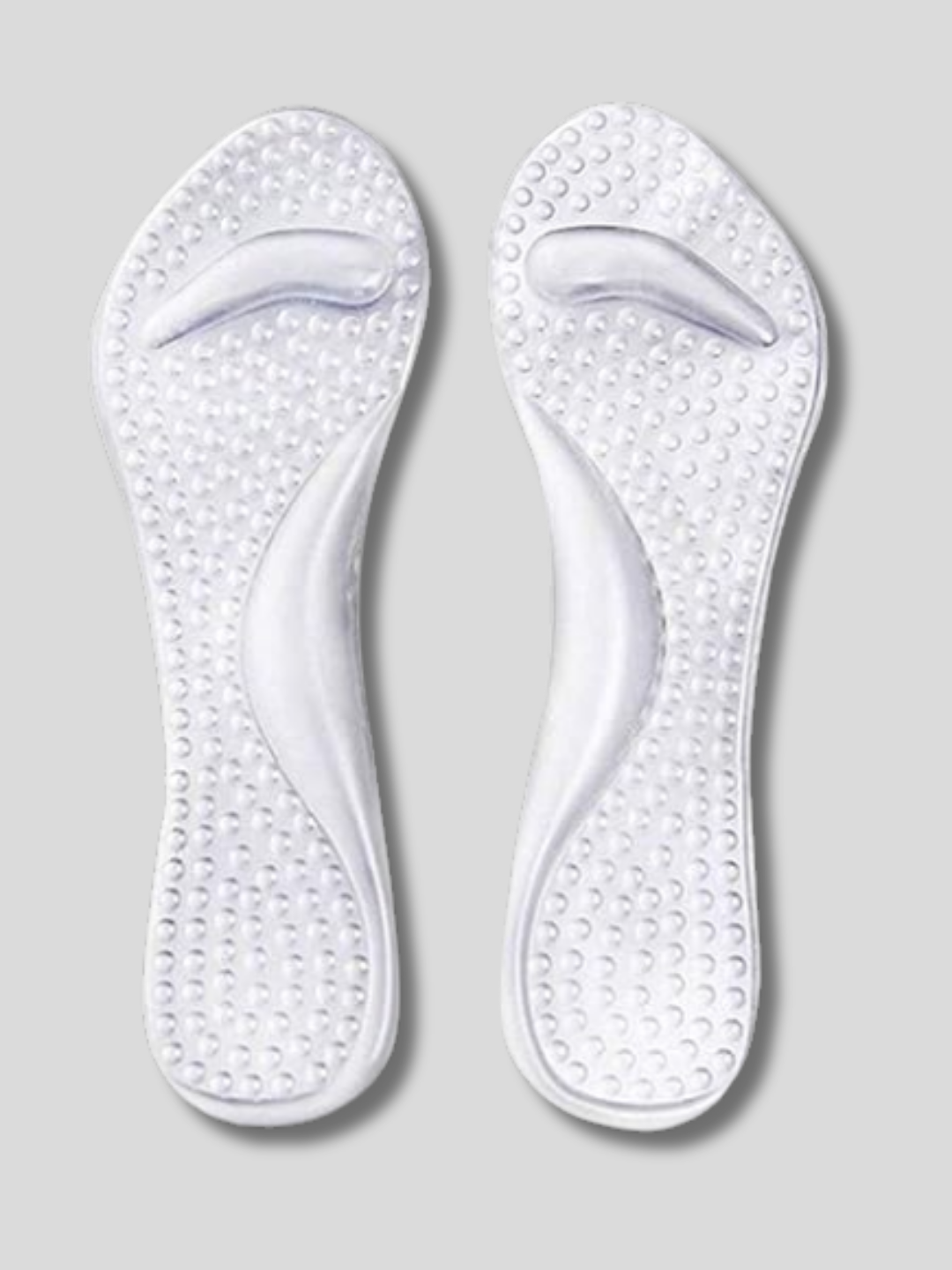 Transparent gel insole with heel cup and arch support placed inside a blue suede stiletto heel