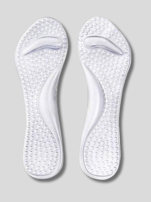 Transparent gel insole with heel cup and arch support placed inside a blue suede stiletto heel