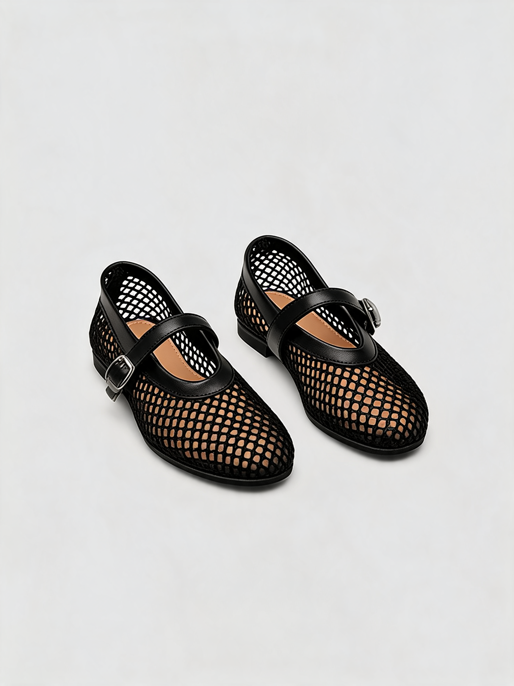 Black mesh Mary Jane ballet flats with leather buckle strap Belvarnè Maille