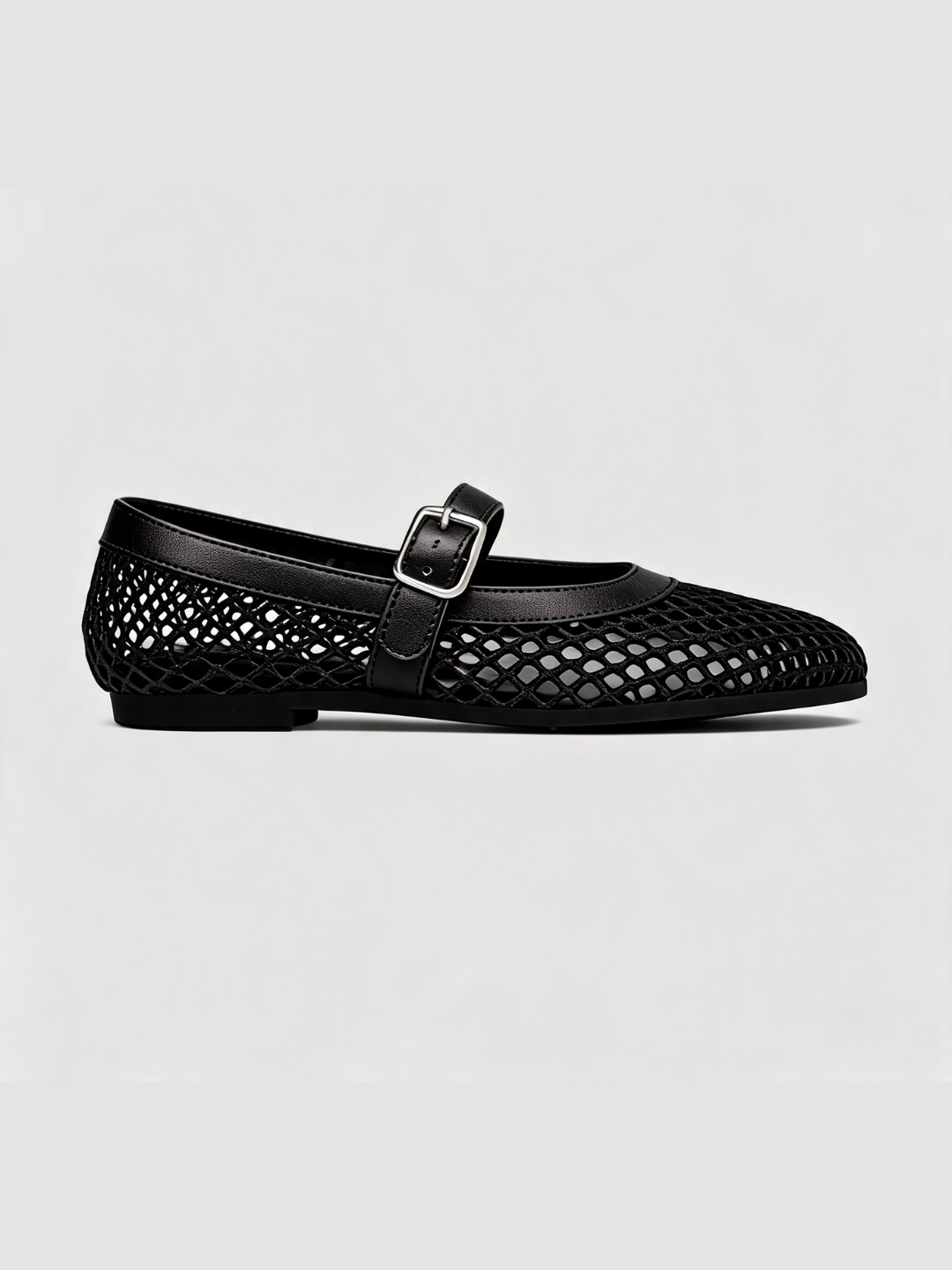 Black mesh Mary Jane ballet flats with leather buckle strap Belvarnè Maille