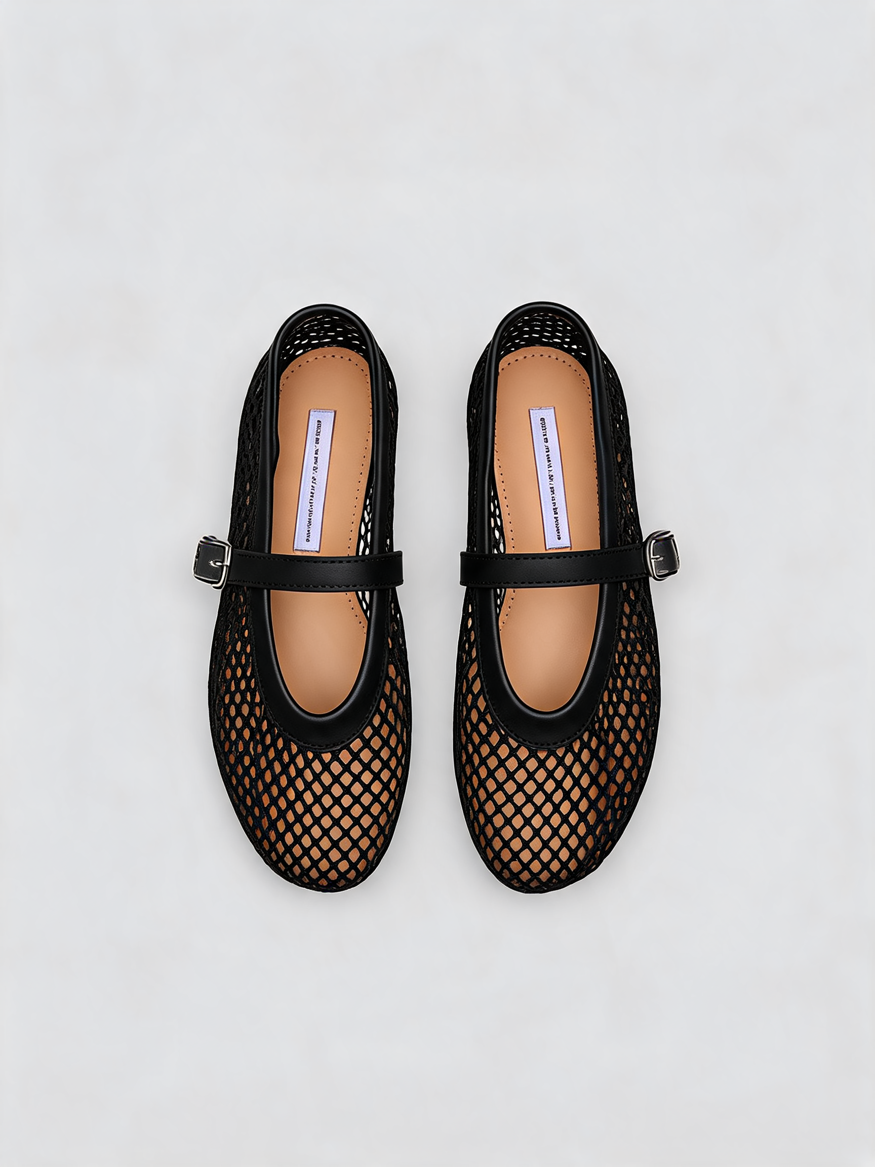 Black mesh Mary Jane ballet flats with leather buckle strap Belvarnè Maille