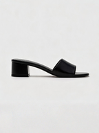 Black leather block heel mules with square open toe — Belvarnè Noir pair