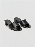 Black leather block heel mules with square open toe — Belvarnè Noir pair