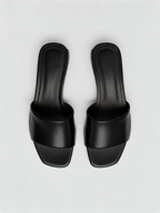 Black leather block heel mules with square open toe — Belvarnè Noir pair