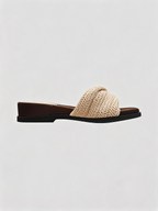 Woven raffia flat slides with cognac suede footbed and square toe Belvarnè Tressa