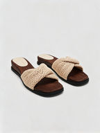 Woven raffia flat slides with cognac suede footbed and square toe Belvarnè Tressa