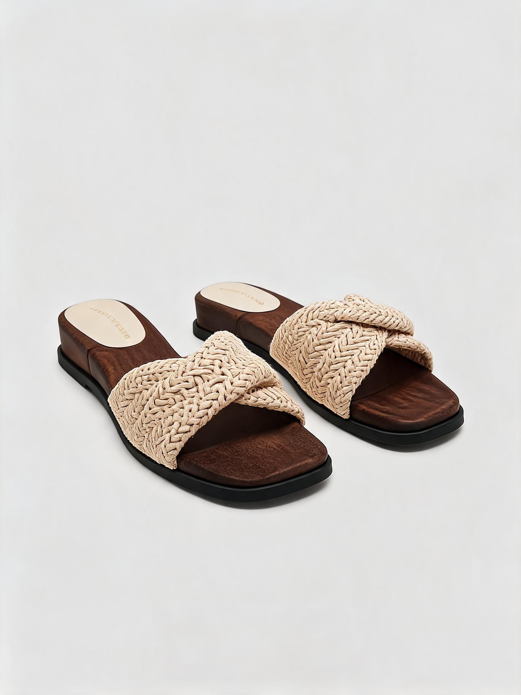 Woven raffia flat slides with cognac suede footbed and square toe Belvarnè Tressa