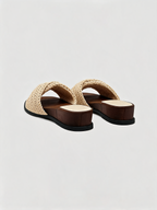 Woven raffia flat slides with cognac suede footbed and square toe Belvarnè Tressa