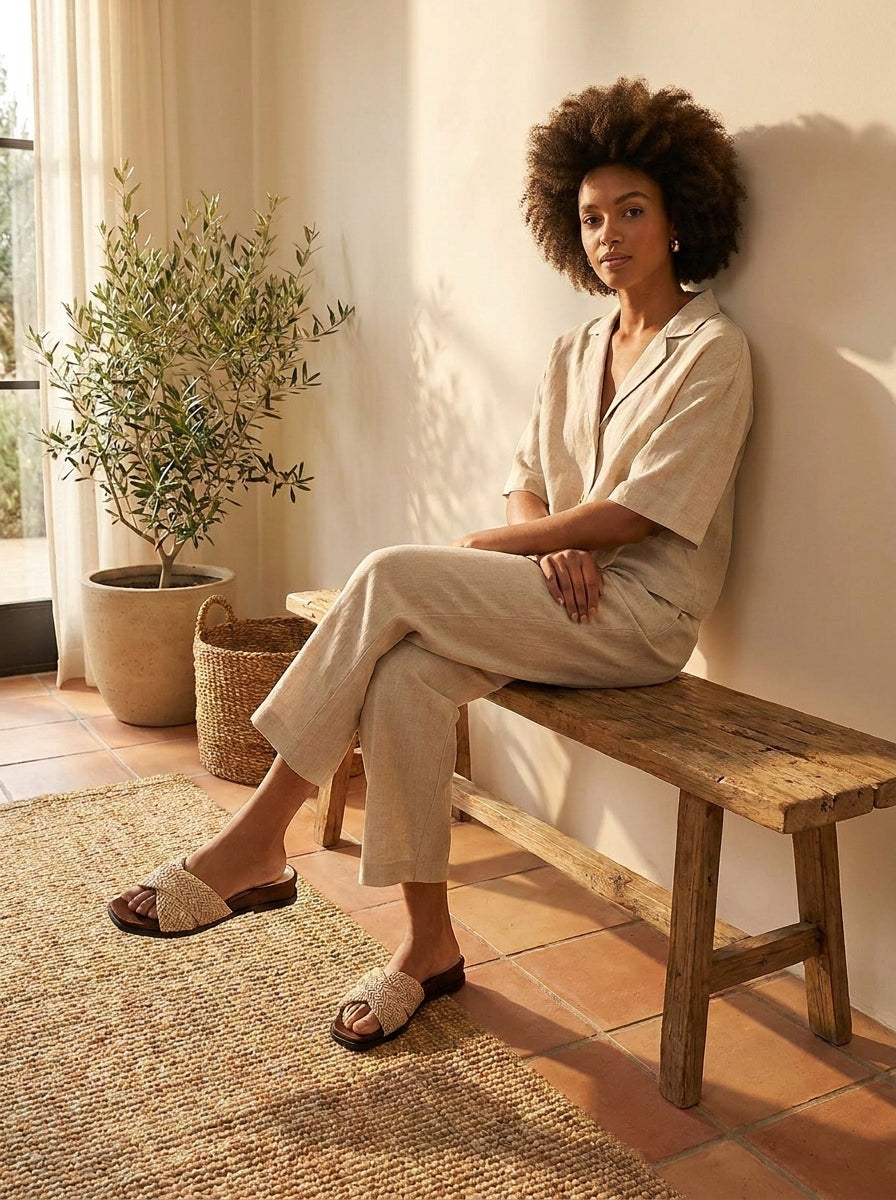 Model wearing Woven raffia flat slides with cognac suede footbed and square toe Belvarnè Tressa