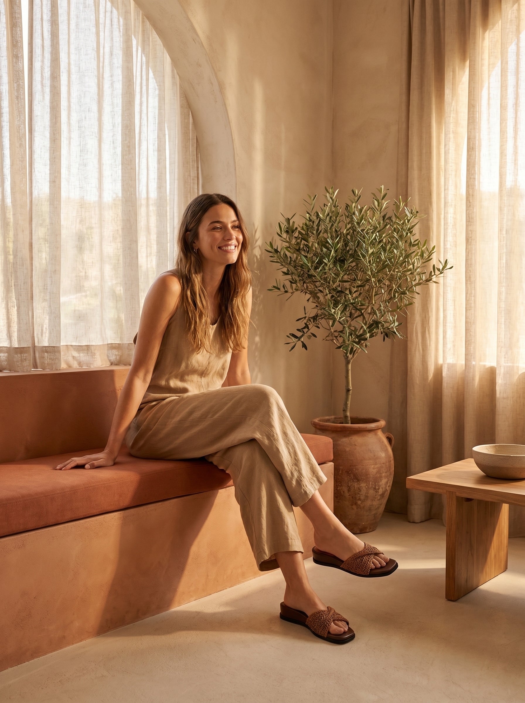 Women wearing  a Woven raffia flat slides with cognac leather footbed and square toe Belvarnè Tressa