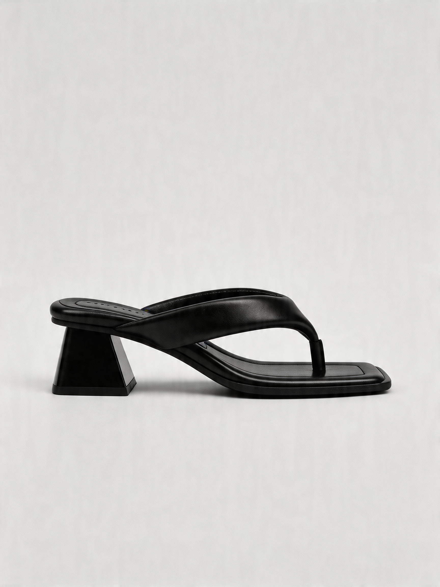 Black leather thong heel mule square toe sculptural block heel padded strap women's