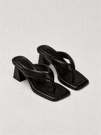 Black leather thong heel mule square toe sculptural block heel padded strap women's