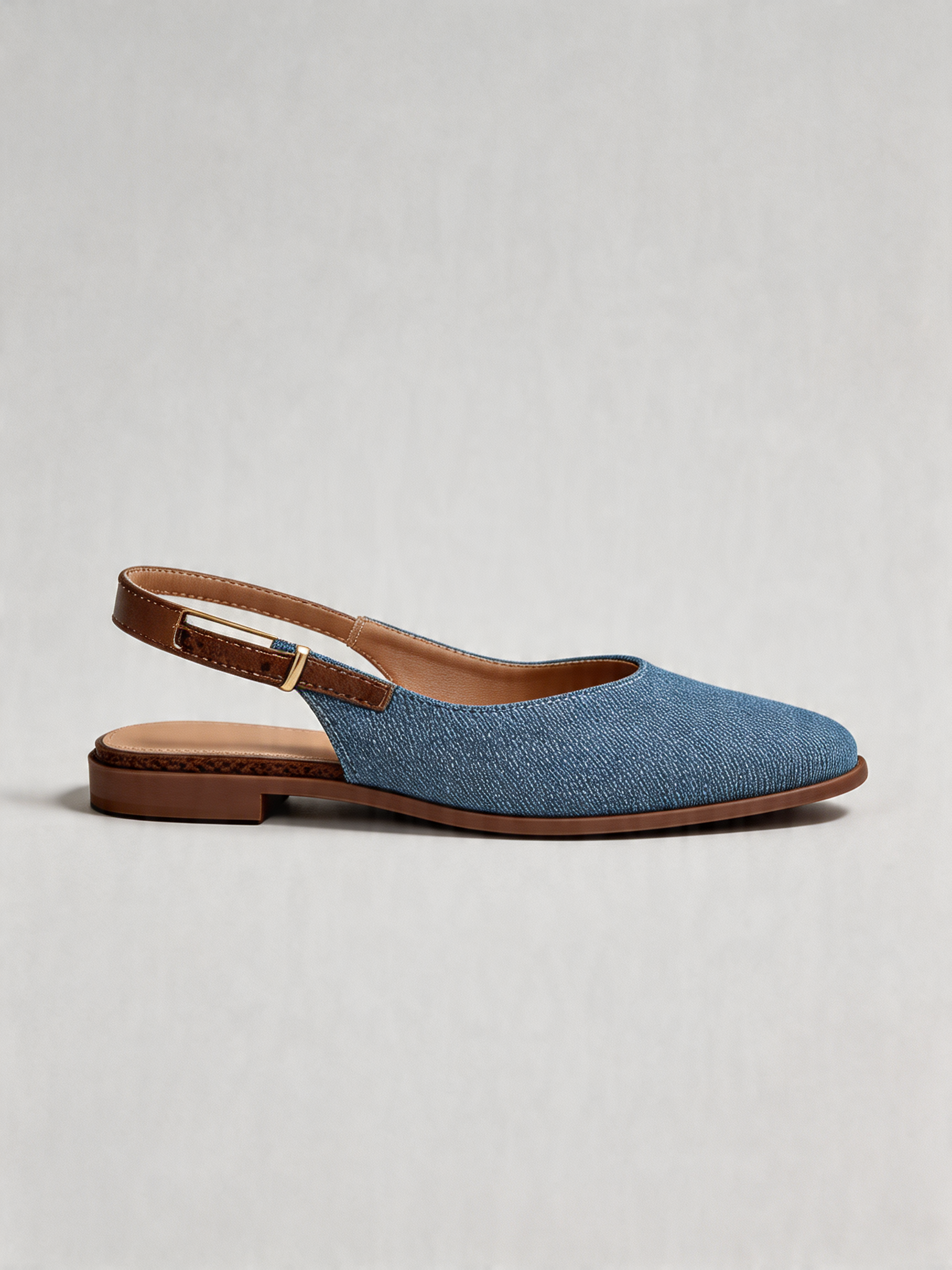 Denim square toe slingback flats gold hardware women's flat shoes