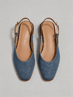Denim square toe slingback flats gold hardware women's flat shoes