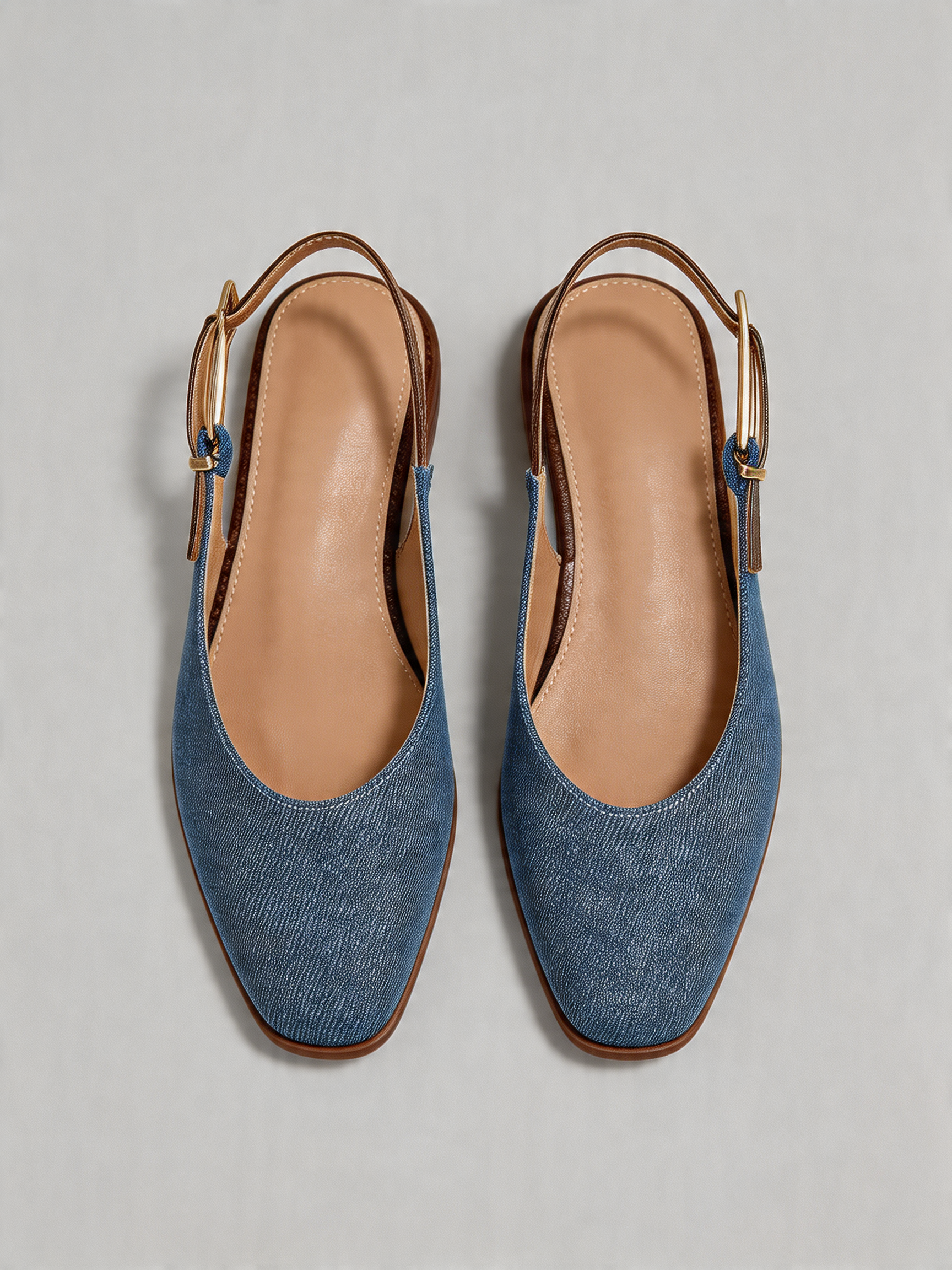 Denim square toe slingback flats gold hardware women's flat shoes