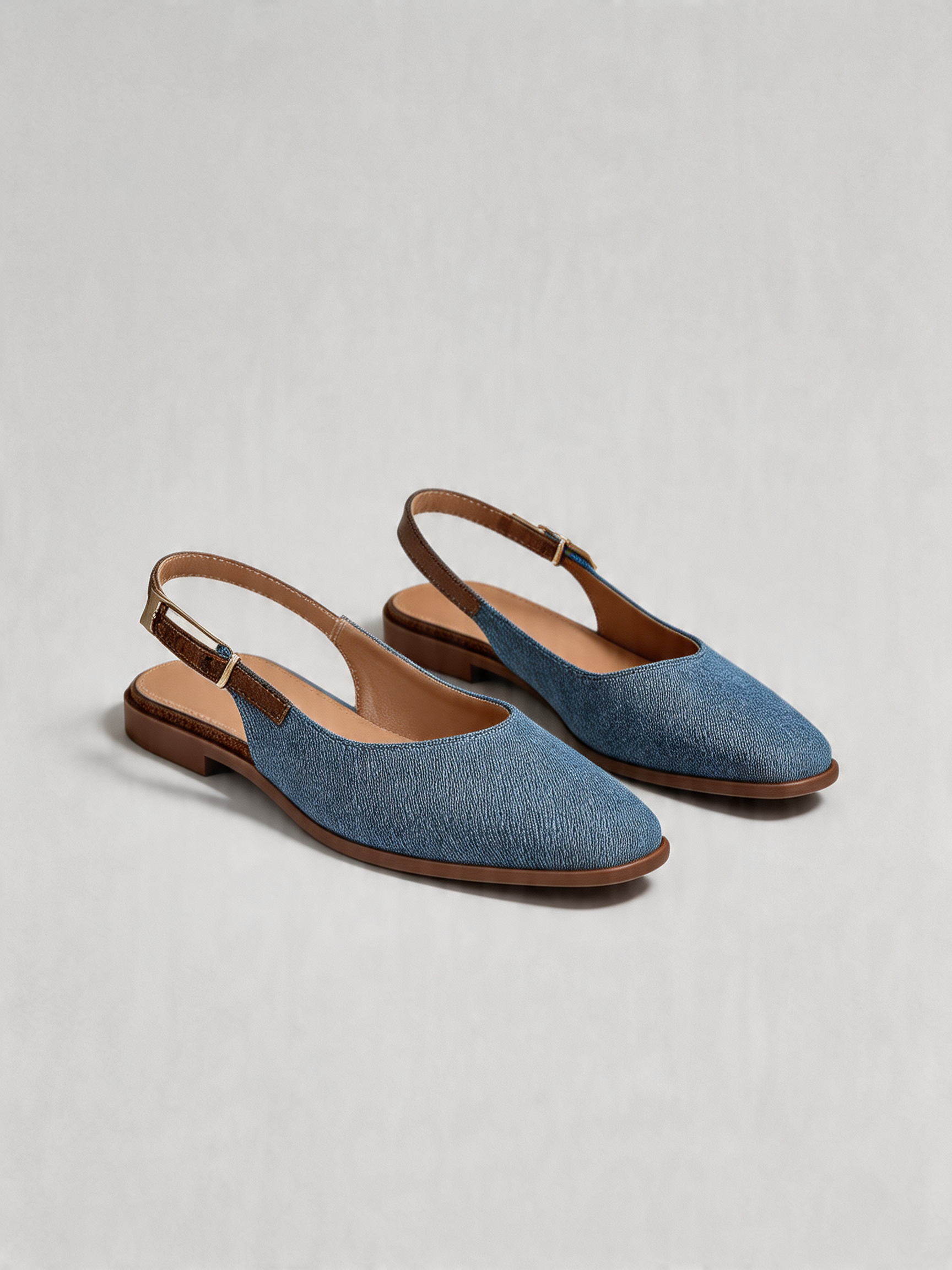 Denim square toe slingback flats gold hardware women's flat shoes