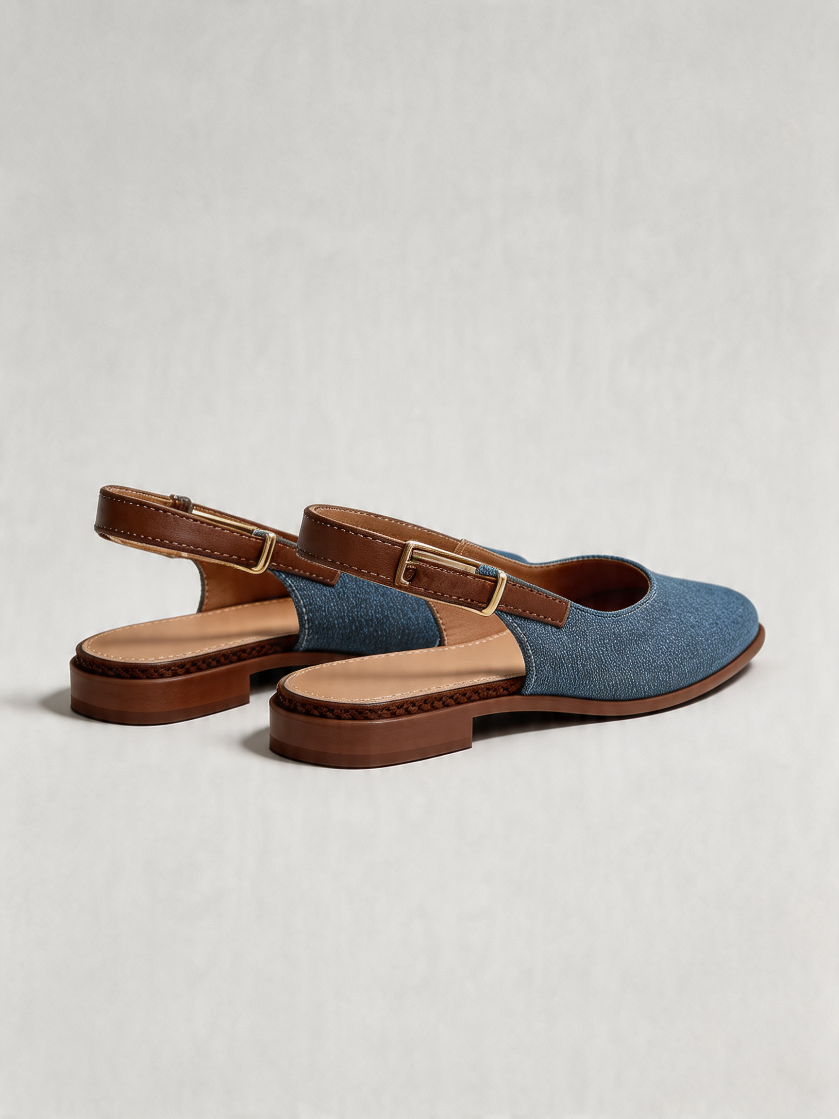 Denim square toe slingback flats gold hardware women's flat shoes