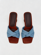Denim twist knot strap mule flat square open toe blue brown contrast women's