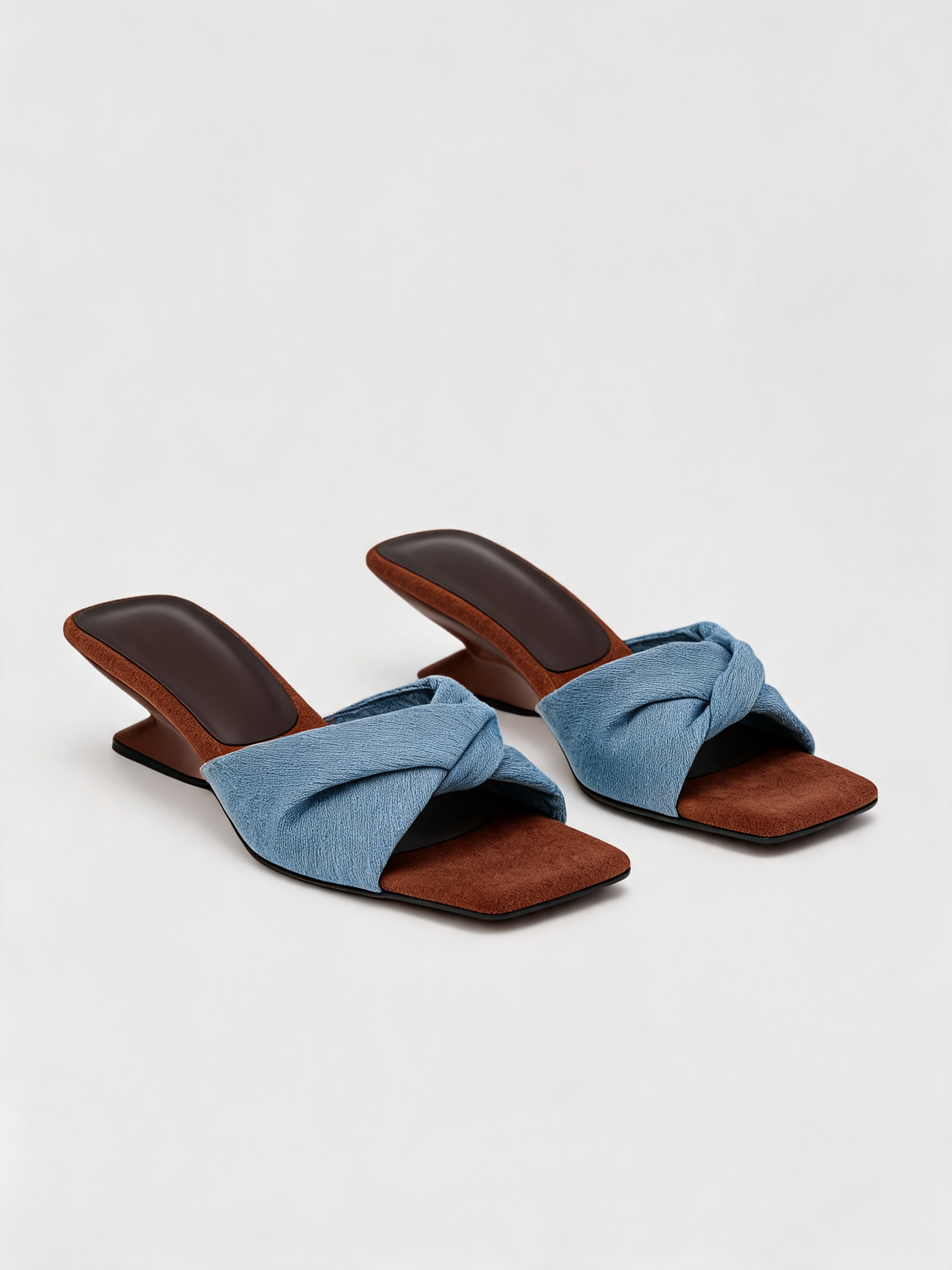 Denim twist knot strap mule flat square open toe blue brown contrast women's