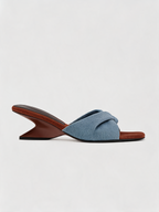 Denim twist knot strap mule flat square open toe blue brown contrast women's