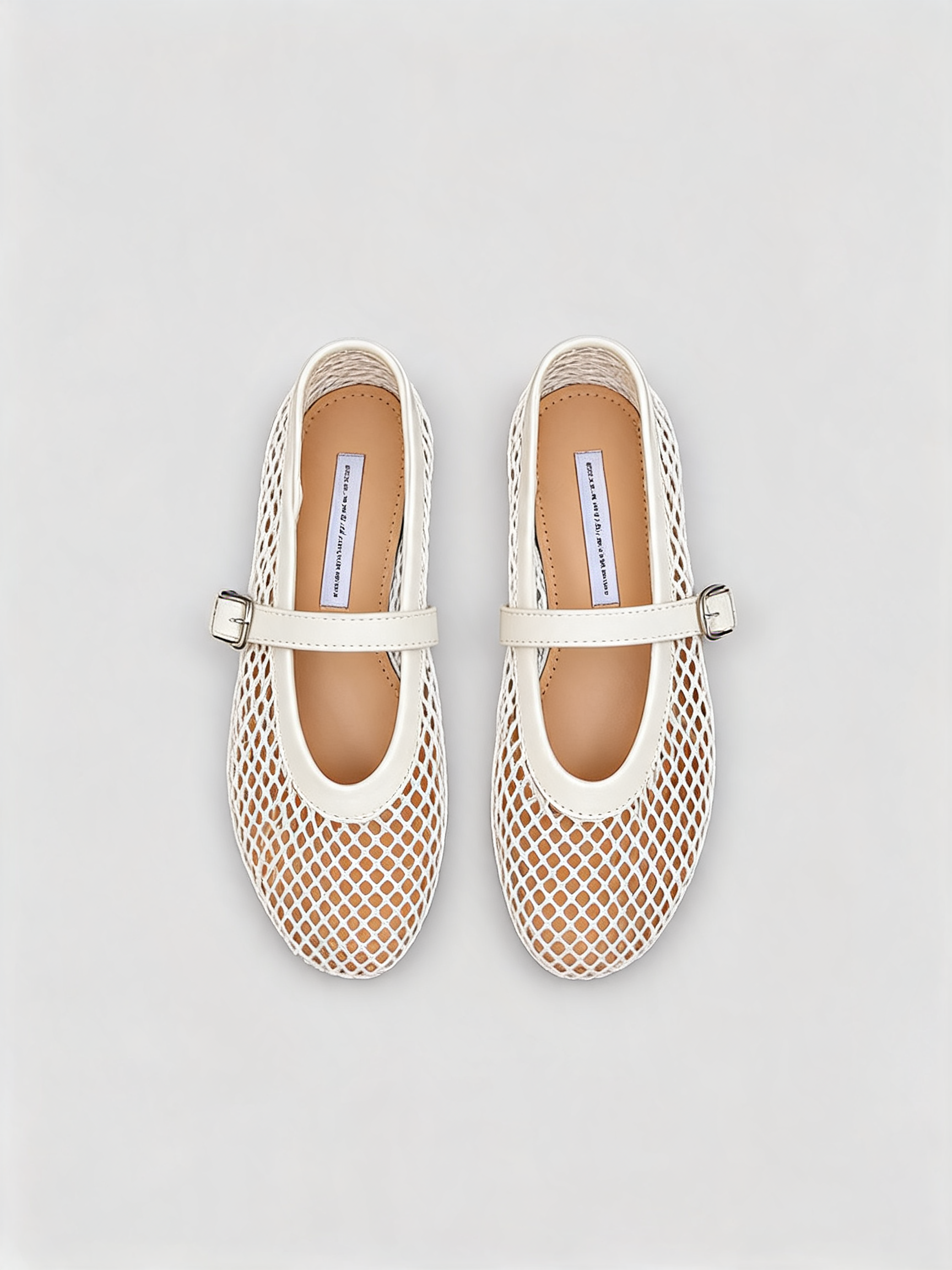 Ivory mesh Mary Jane flats with leather strap and rounded toe Belvarnè Maille