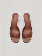 Leather kitten heel mule square open toe sculptural flared heel cognac tan women's
