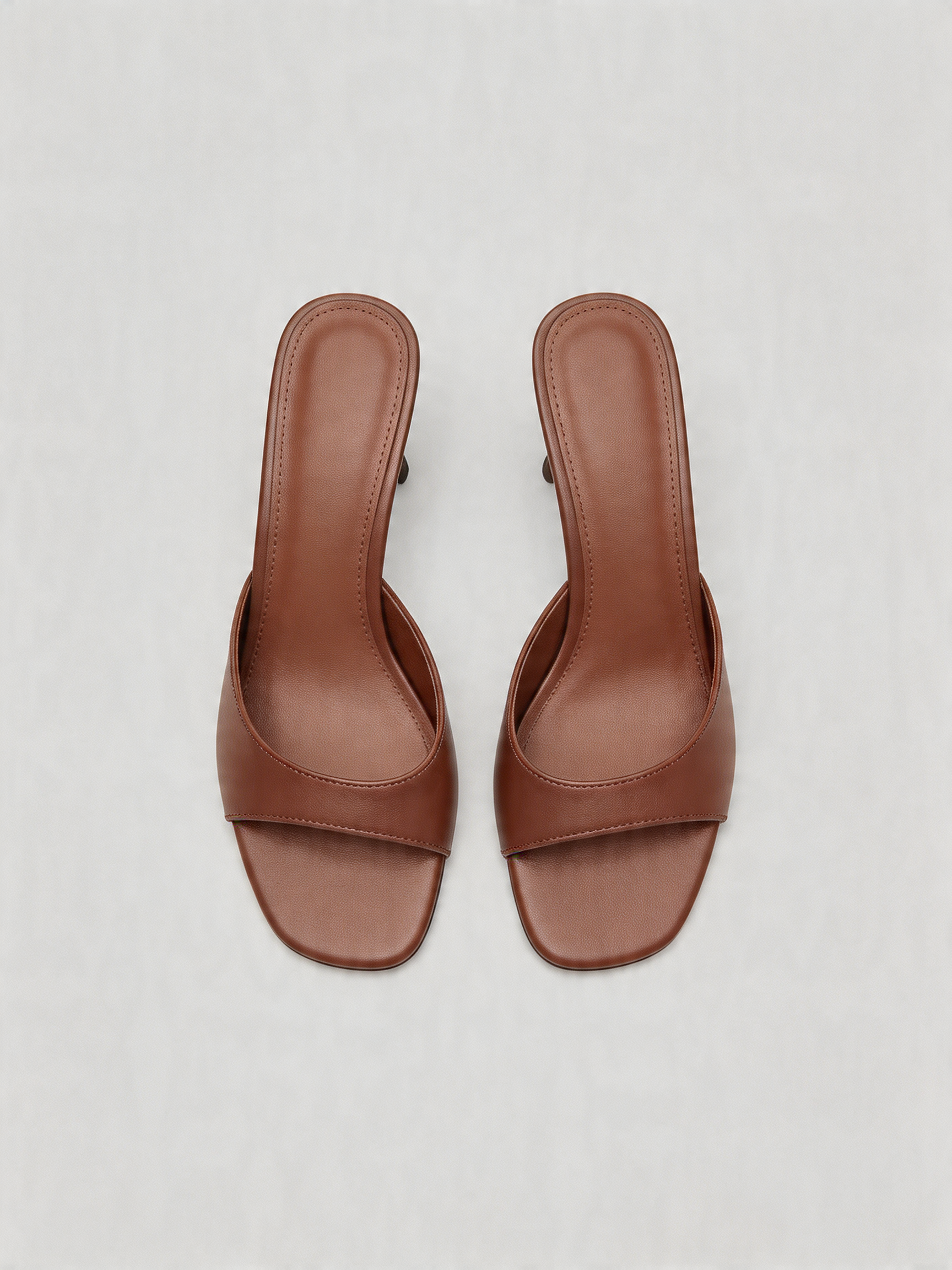 Leather kitten heel mule square open toe sculptural flared heel cognac tan women's