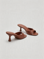 Leather kitten heel mule square open toe sculptural flared heel cognac tan women's