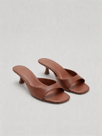 Leather kitten heel mule square open toe sculptural flared heel cognac tan women's