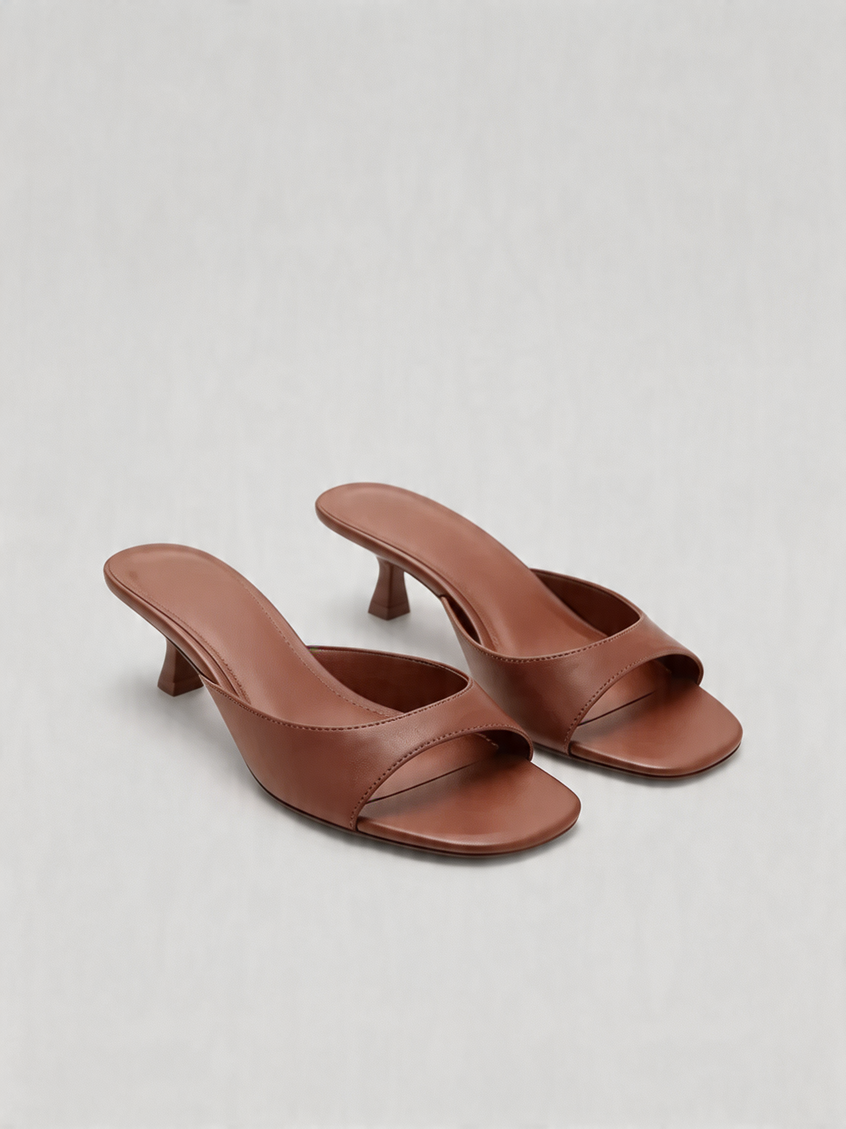 Leather kitten heel mule square open toe sculptural flared heel cognac tan women's