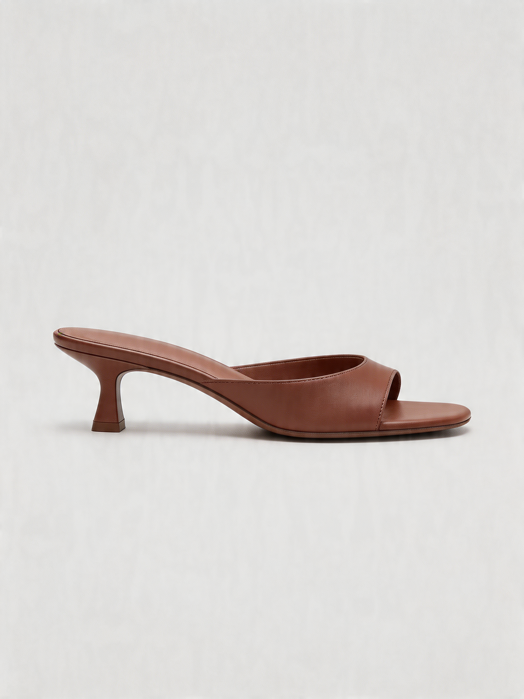 Leather kitten heel mule square open toe sculptural flared heel cognac tan women's
