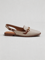 Linen horsebit slingback flat square toe ecru cognac women's loafer