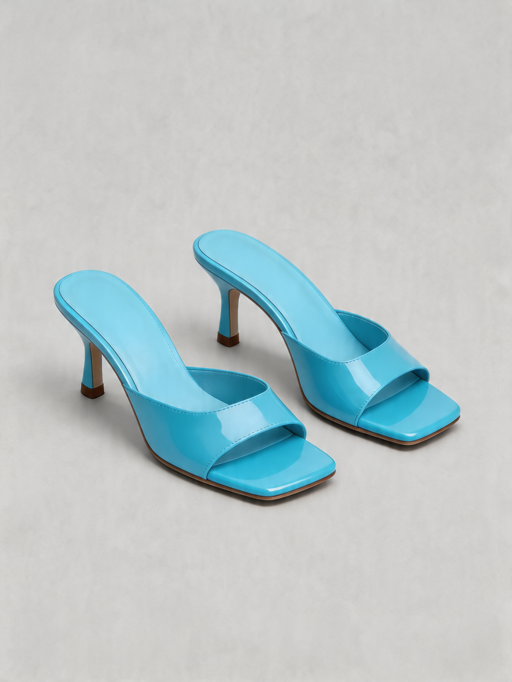 Patent curved heel mule square open toe aqua blue tan outsole women's