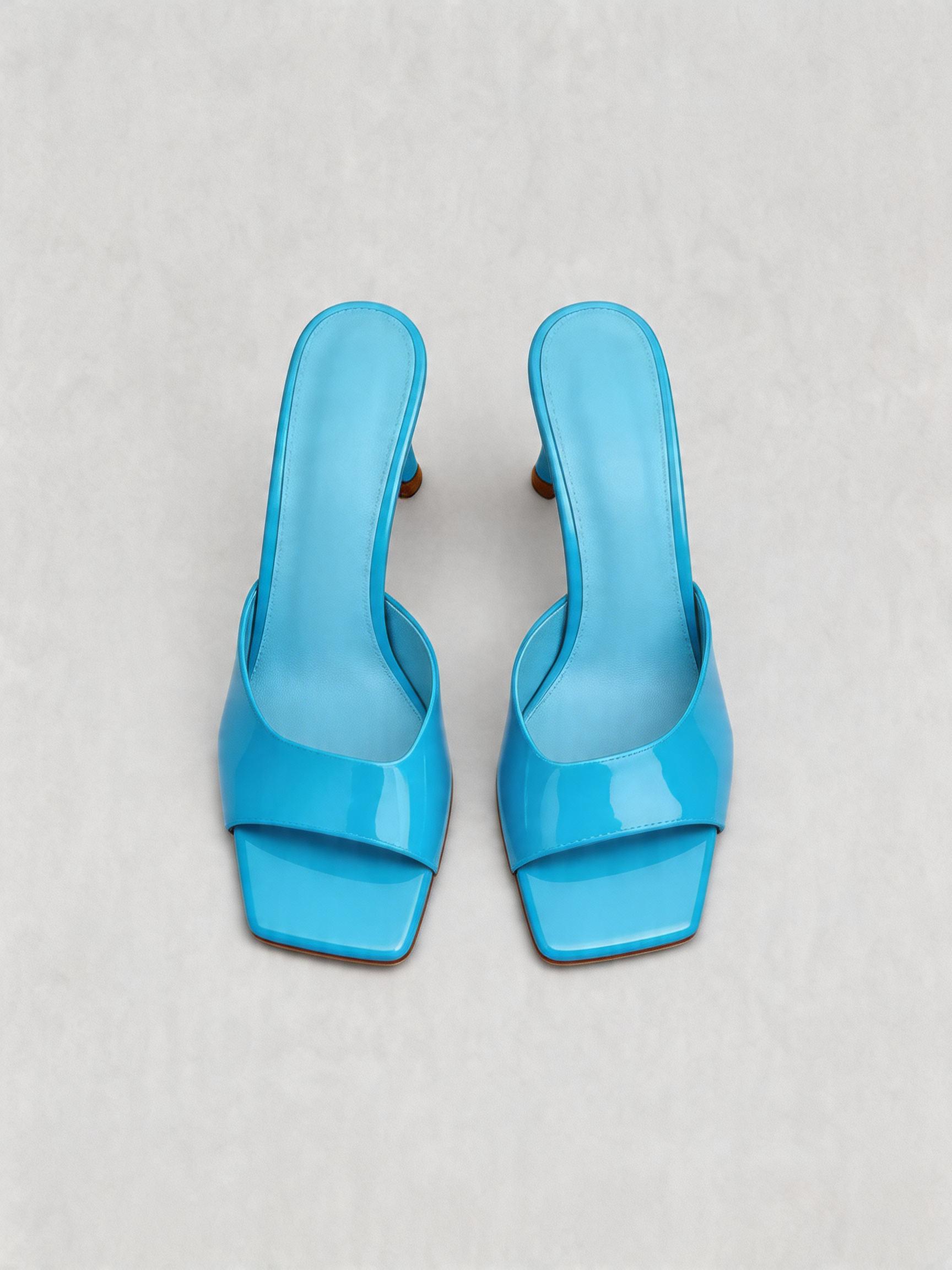 Patent curved heel mule square open toe aqua blue tan outsole women's