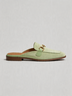 Suede horsebit mule flat square toe sage mint antique gold women's loafer