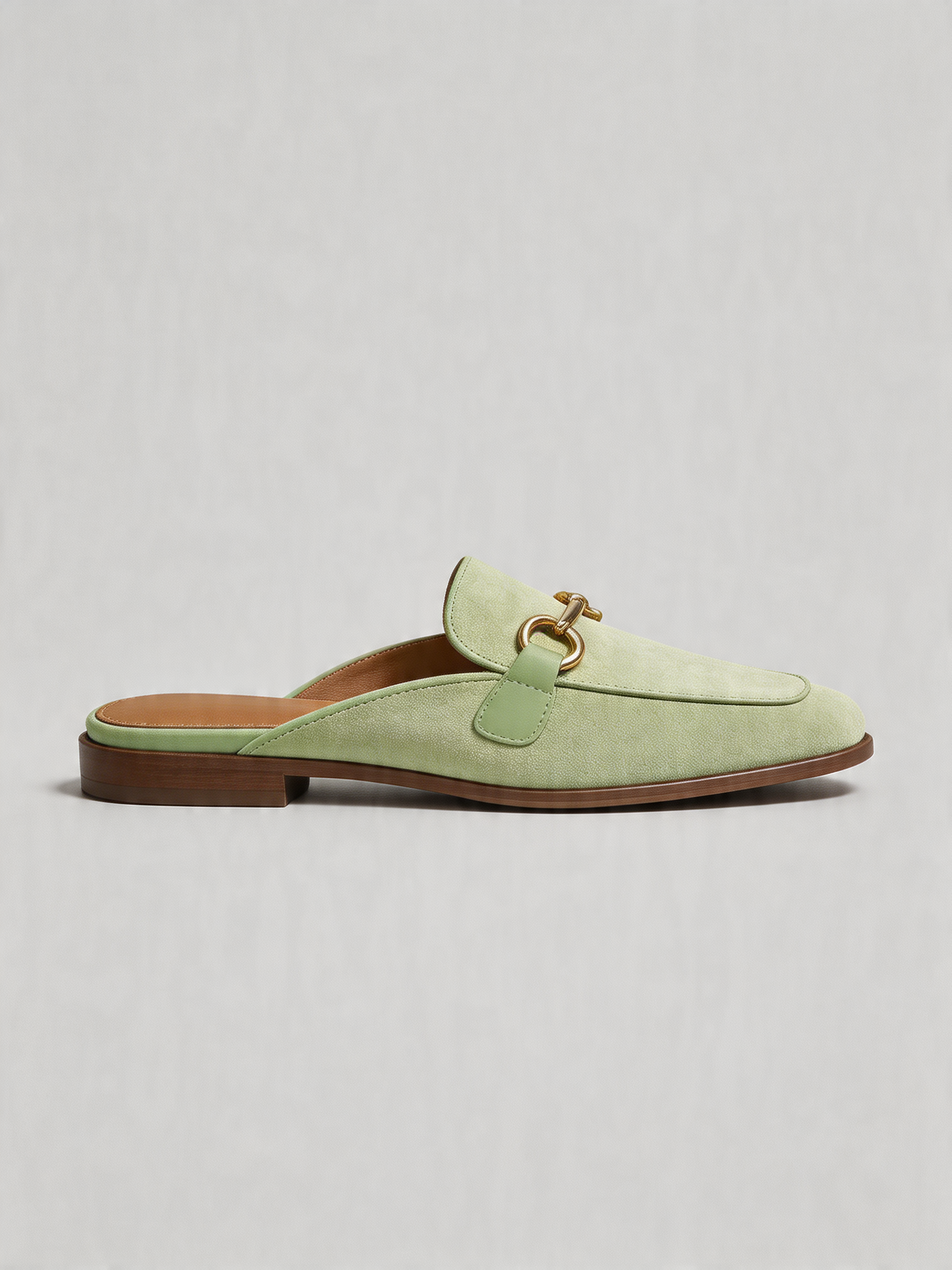 Suede horsebit mule flat square toe sage mint antique gold women's loafer