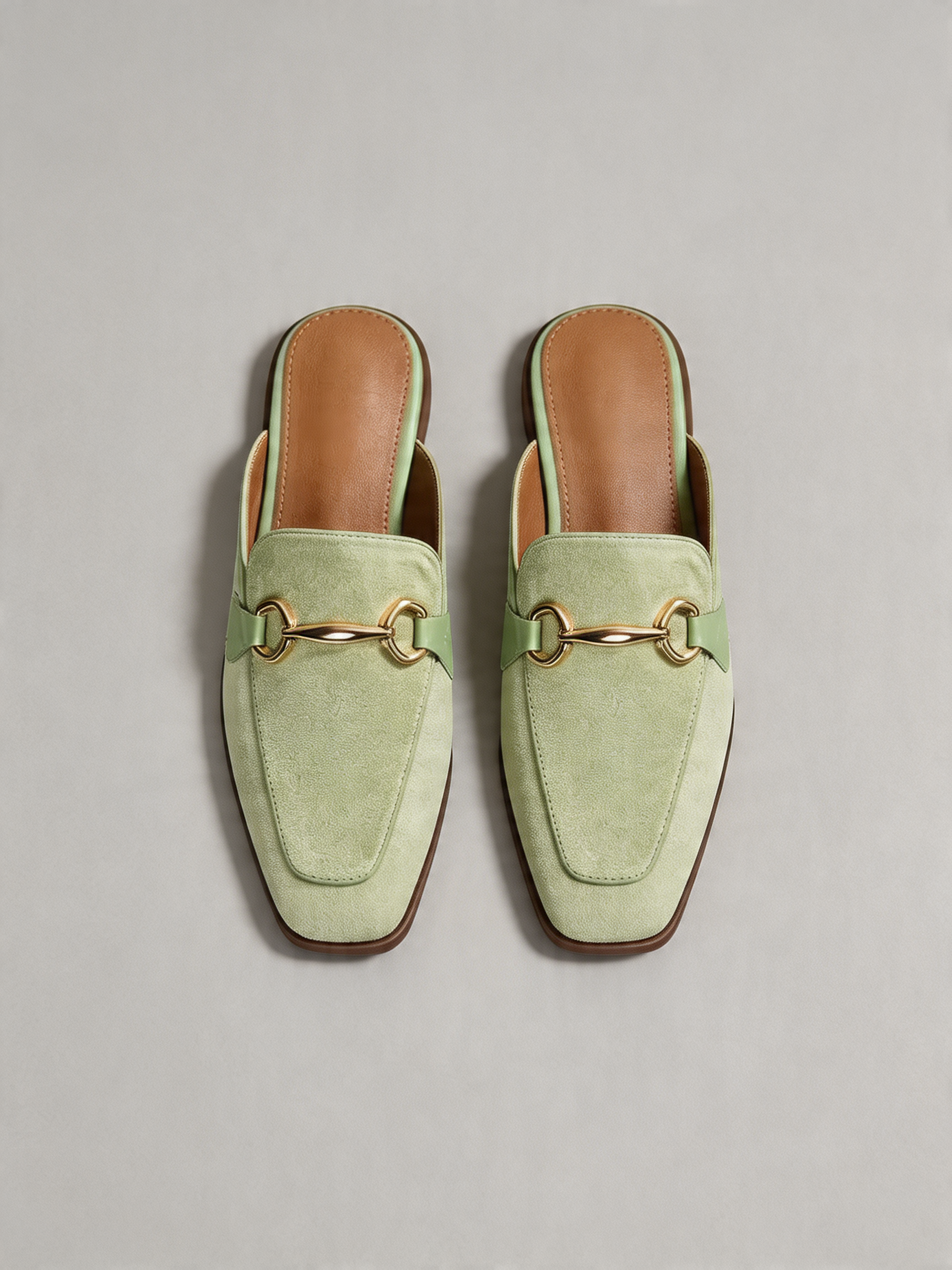 Suede horsebit mule flat square toe sage mint antique gold women's loafer
