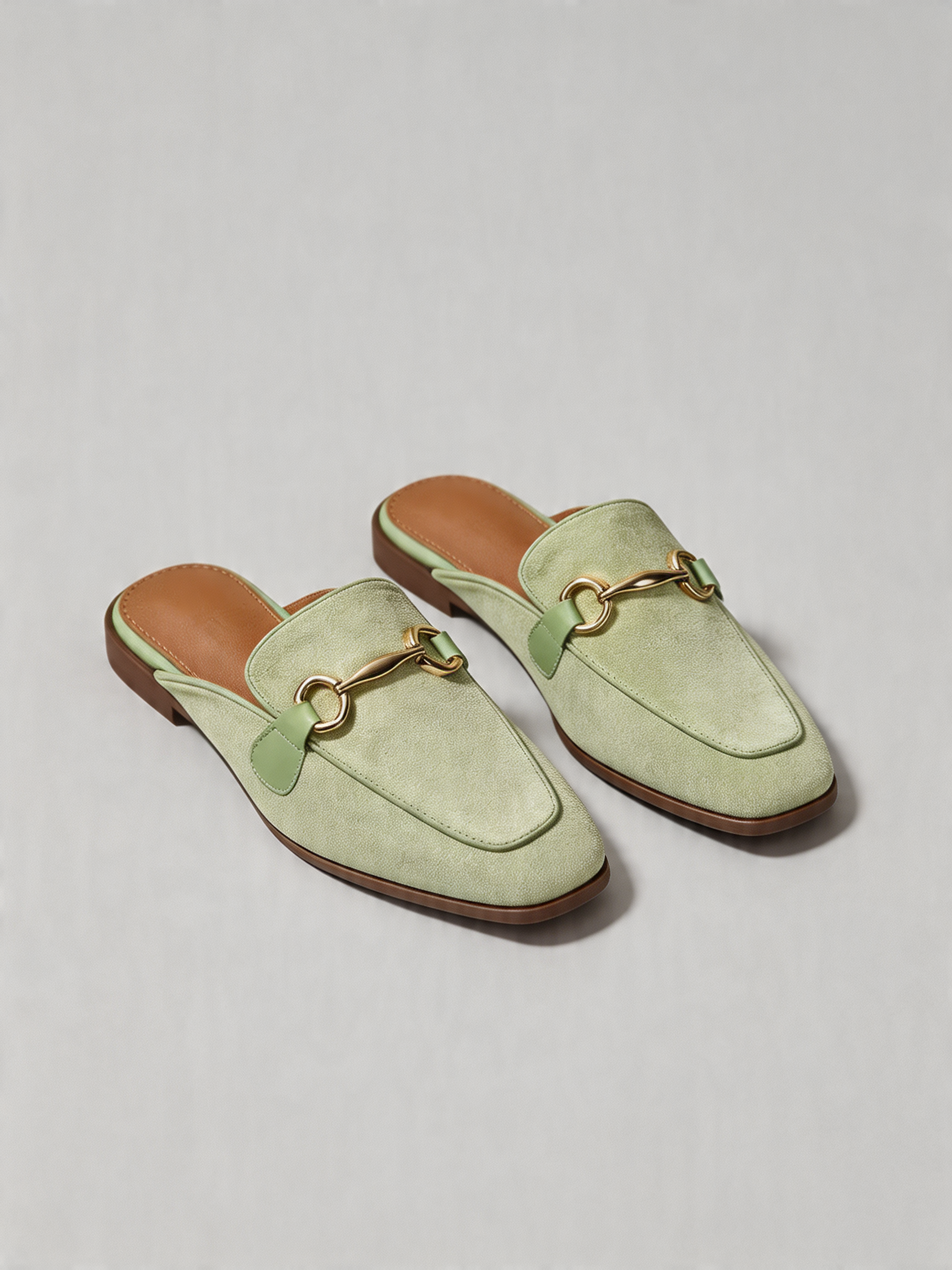 Suede horsebit mule flat square toe sage mint antique gold women's loafer