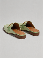 Suede horsebit mule flat square toe sage mint antique gold women's loafer