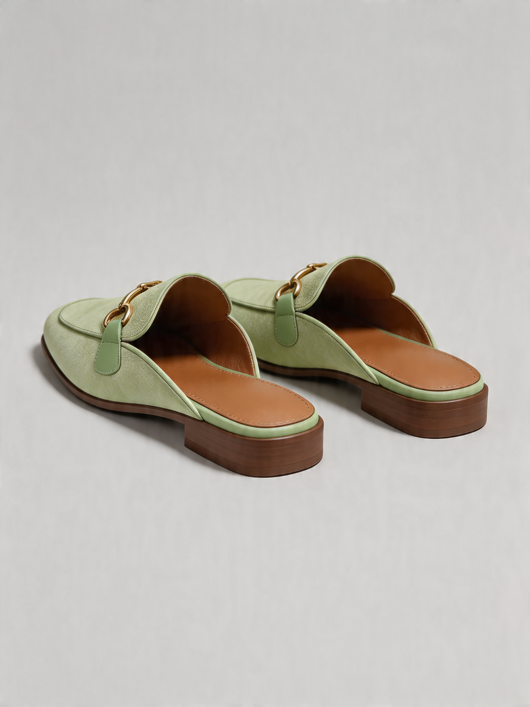 Suede horsebit mule flat square toe sage mint antique gold women's loafer