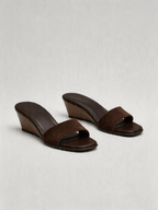 Suede open toe wedge mule sandal wide strap low wedge espresso brown women's