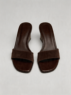 Suede open toe wedge mule sandal wide strap low wedge espresso brown women's